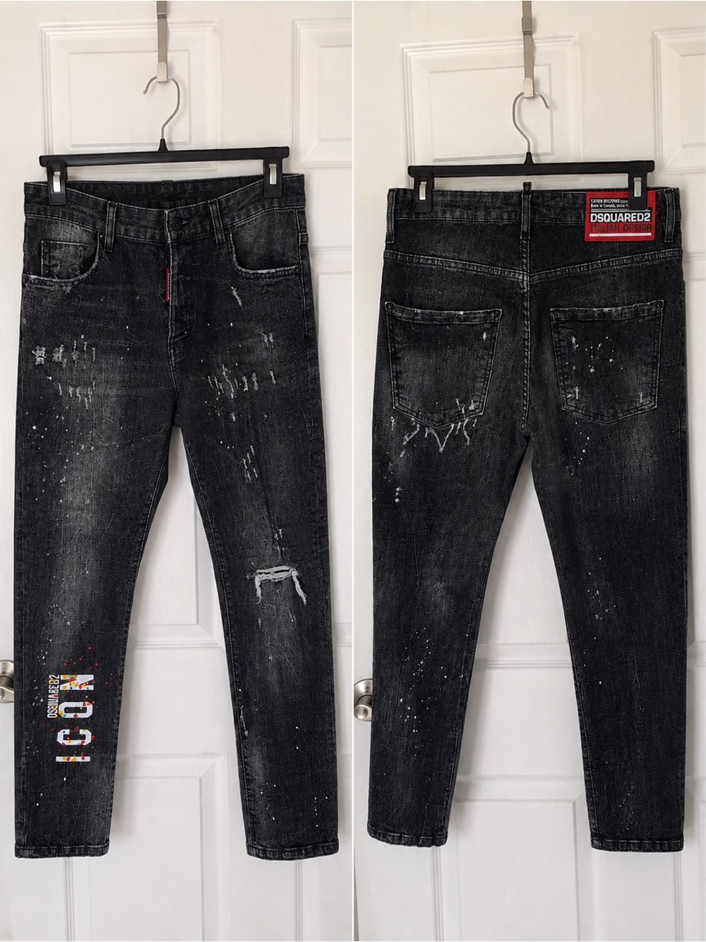 DSQUARED2 Black Slim Distressed Jeans with White Paint Splatter